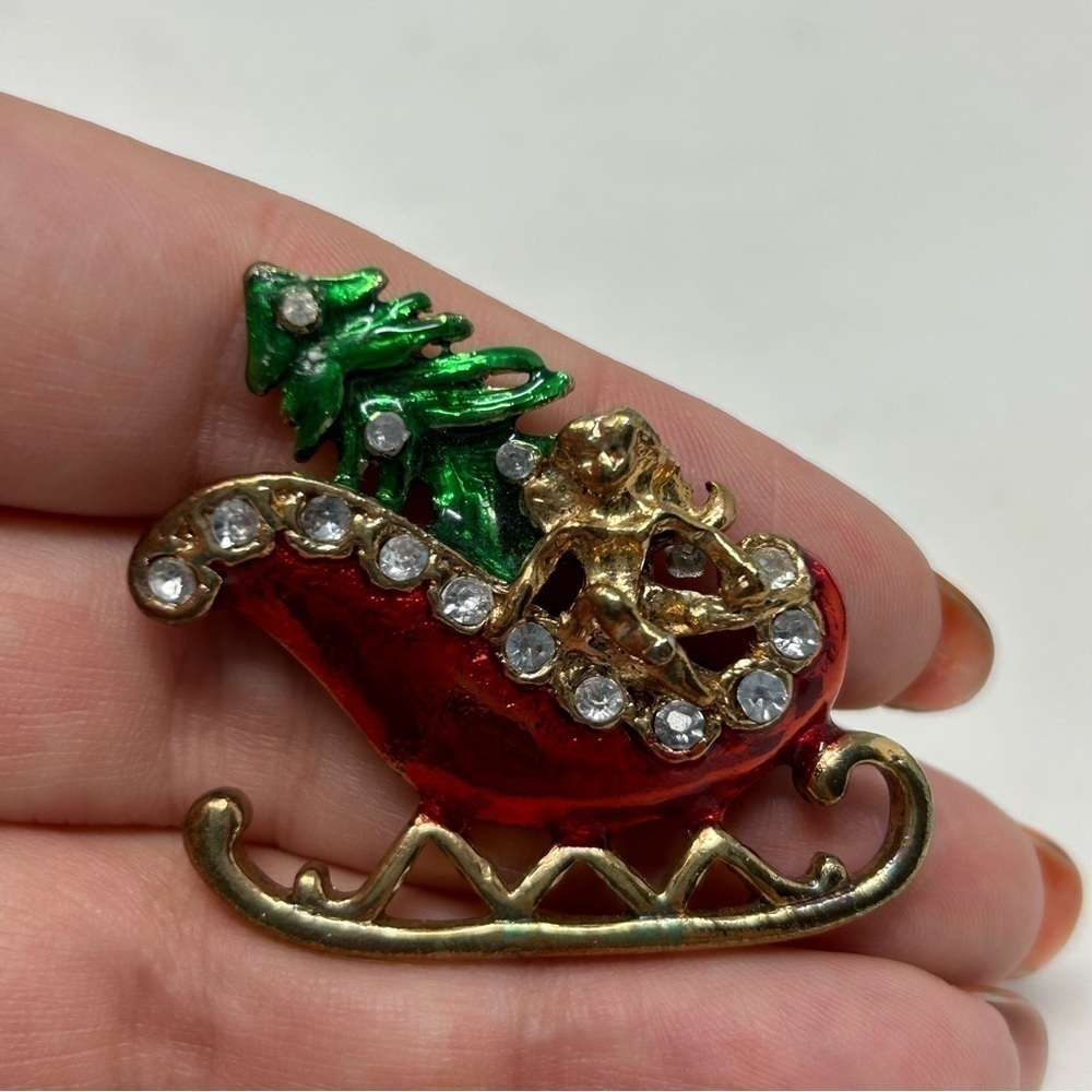 Vintage Small Fairy Angel on Red Sleigh Brooch Rhinestones and Christmas Tree